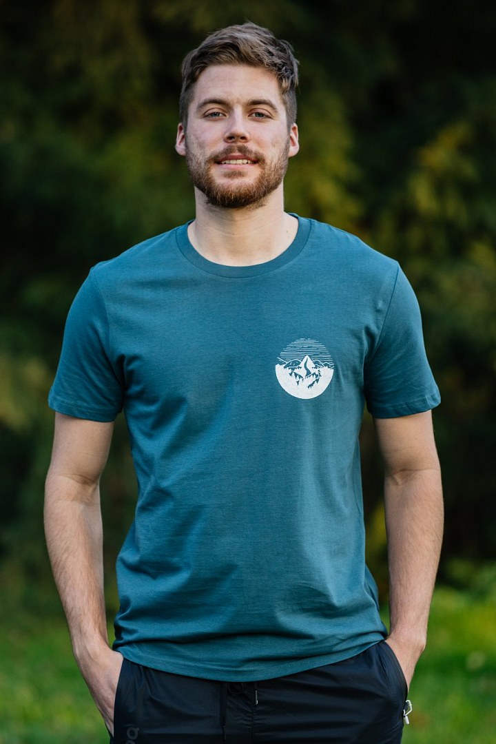 Modré pánské tričko Běhej lesy  kulatý motiv - malý