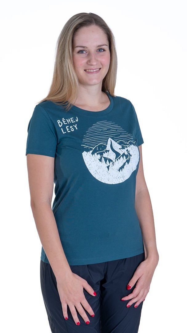 Petrolejové dámské tričko Běhej lesy kulatý motiv