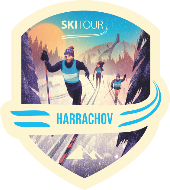 Nášivka SkiTour 8cm Harrachov  - plnobarevný potisk se zažehlovací folií pro aplikaci na textil.